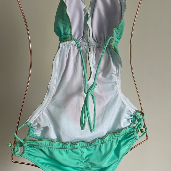 Embroidered beaded Colombian Mexican trikini monokini swimsuit mint/aqua color - Picture 9 of 9